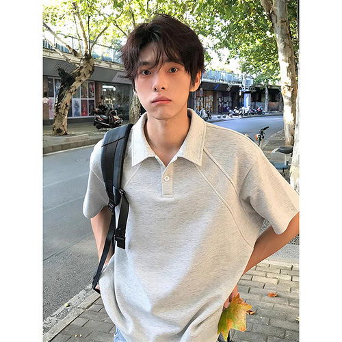 白花灰美式翻领短袖Polo衫男夏季