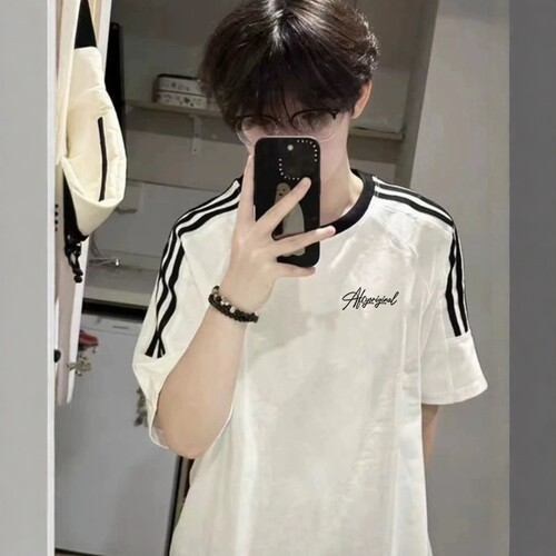 白灰色纯棉三条杠短袖男款夏季