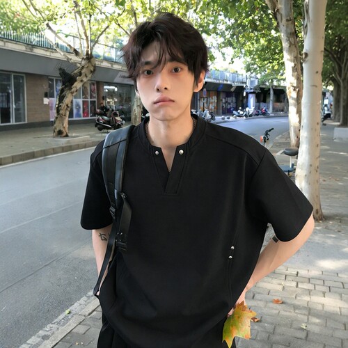 美式V领休闲半袖衣服潮流痞帅