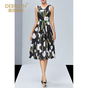 黛薇璐媤商场同款 OL气质收腰A裙 小香风印花背心连衣裙女秋冬新款