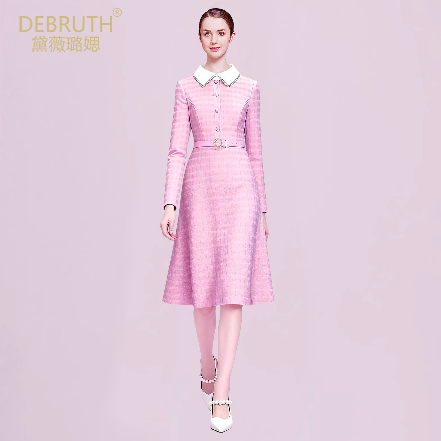 黛薇璐媤小香风娃娃领毛呢公主连衣裙女2026春新款气质收腰A裙粉