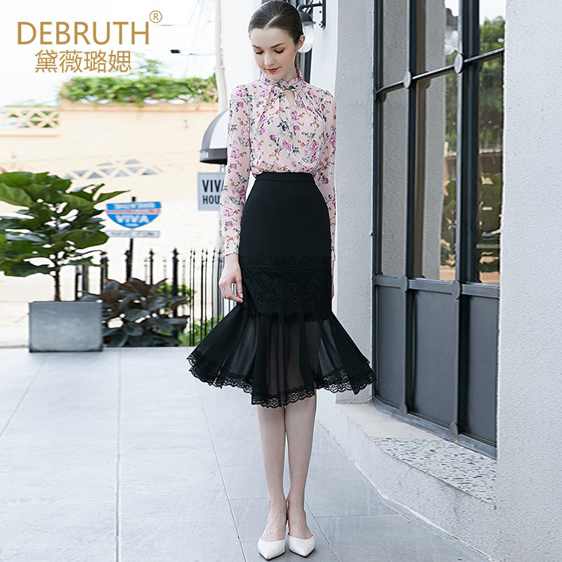黛薇璐媤黑色花边蕾丝半身裙女2025秋冬新款法式OL气质包臀鱼尾裙