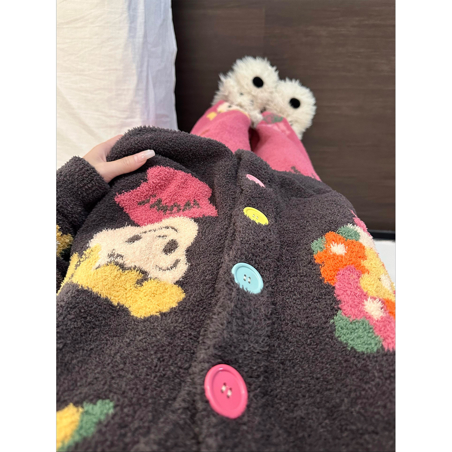 多巴胺风卡通半边绒睡衣女春秋新款大码加厚保暖开衫家居服可外穿