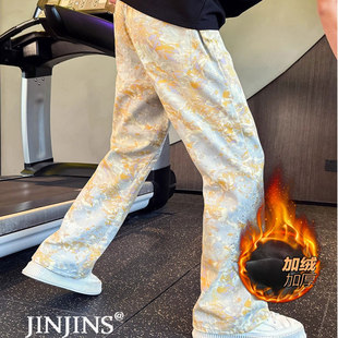 黄色印花休闲裤加绒款男女秋冬季百搭长裤显瘦直筒裤子美式休闲裤