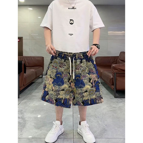 夏季休闲短裤男士潮流印花小熊宽松直筒五分裤新款时尚帅气半截裤