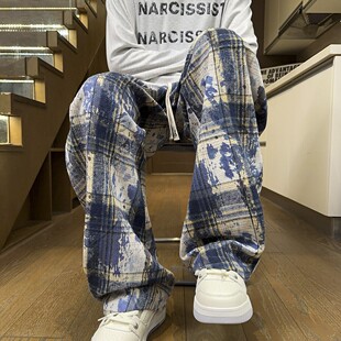 扎染印花春夏季美式复古格子裤男直筒宽松长裤薄款垂感休闲裤潮流