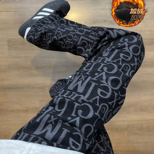 灯芯绒加绒黑色美式字母涂鸦裤子男款秋冬季直筒卫裤运动休闲裤