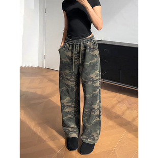 美式迷彩裤子男女同款秋冬季做旧重磅卫裤宽松大码直筒运动休闲裤