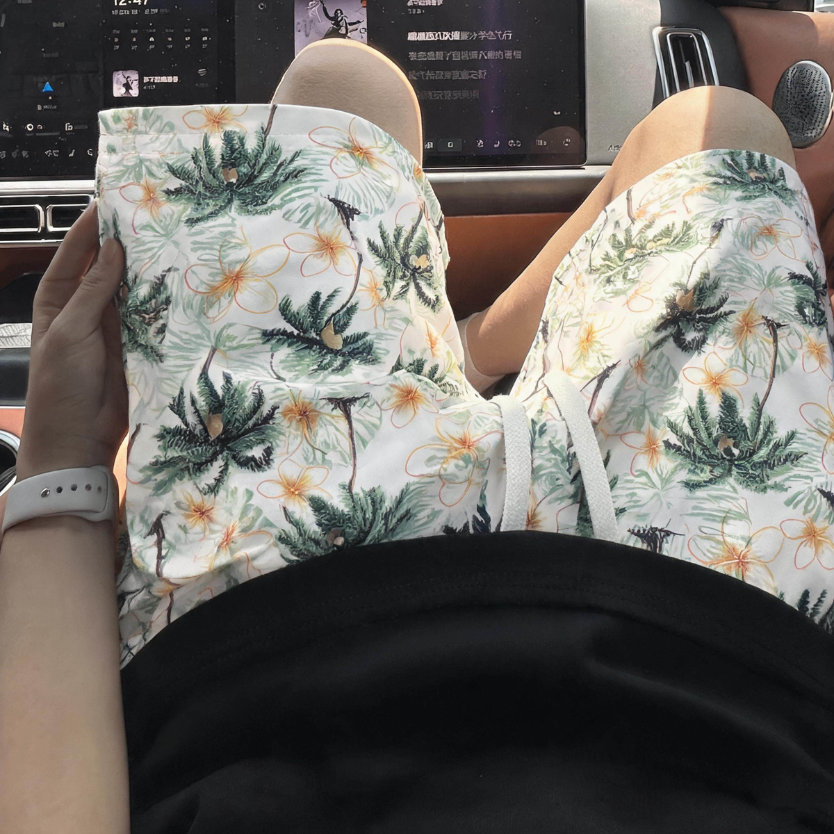 夏季椰子树沙滩裤情侣款短裤男女同款宽松大码透气直筒休闲五分裤