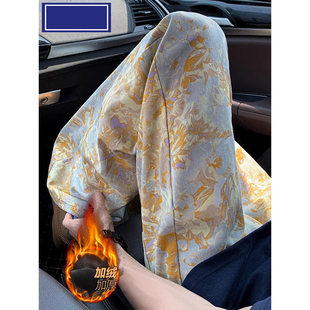 秋冬季满印休闲裤男女加绒款美式高街vibe直筒微喇宽松大码裤子