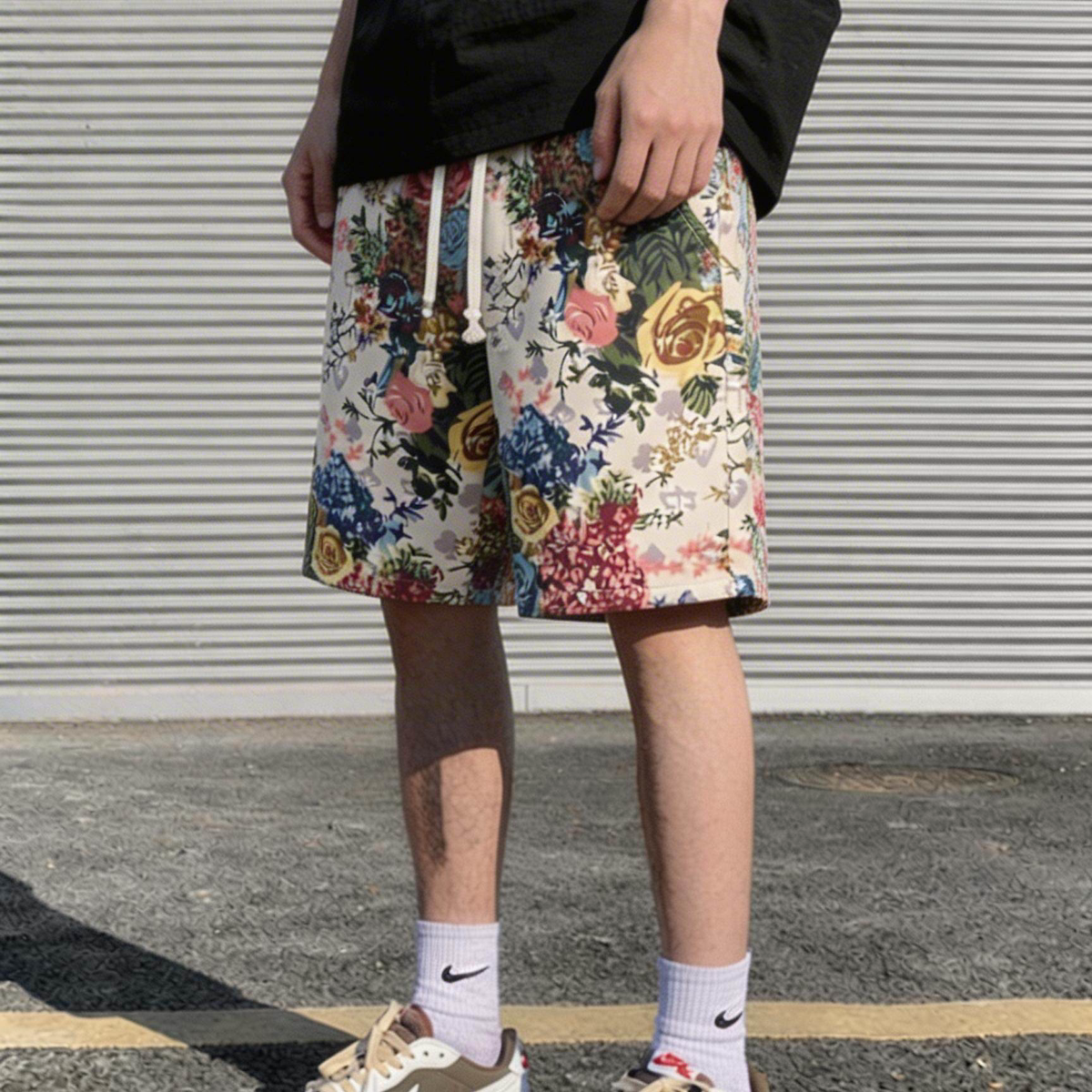 美式新款彩绘玫瑰短裤男女同款夏季个性沙滩裤时尚印花休闲五分裤
