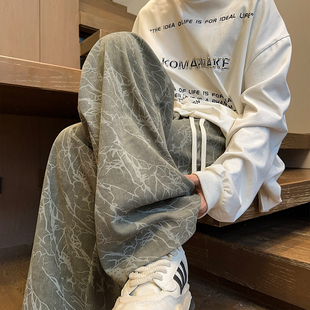 美式高街裤子男女同款宽松直筒休闲裤潮牌潮流青少年阔腿裤平脚裤