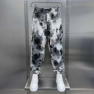 国风裤 宽松束脚灯笼裤 子男夏季 水墨画竹子冰丝休闲长裤 薄款 新中式