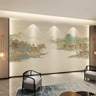 中式 轻奢壁纸客厅卧室风景湖畔电视沙发背景墙纸墙面田园壁画墙布