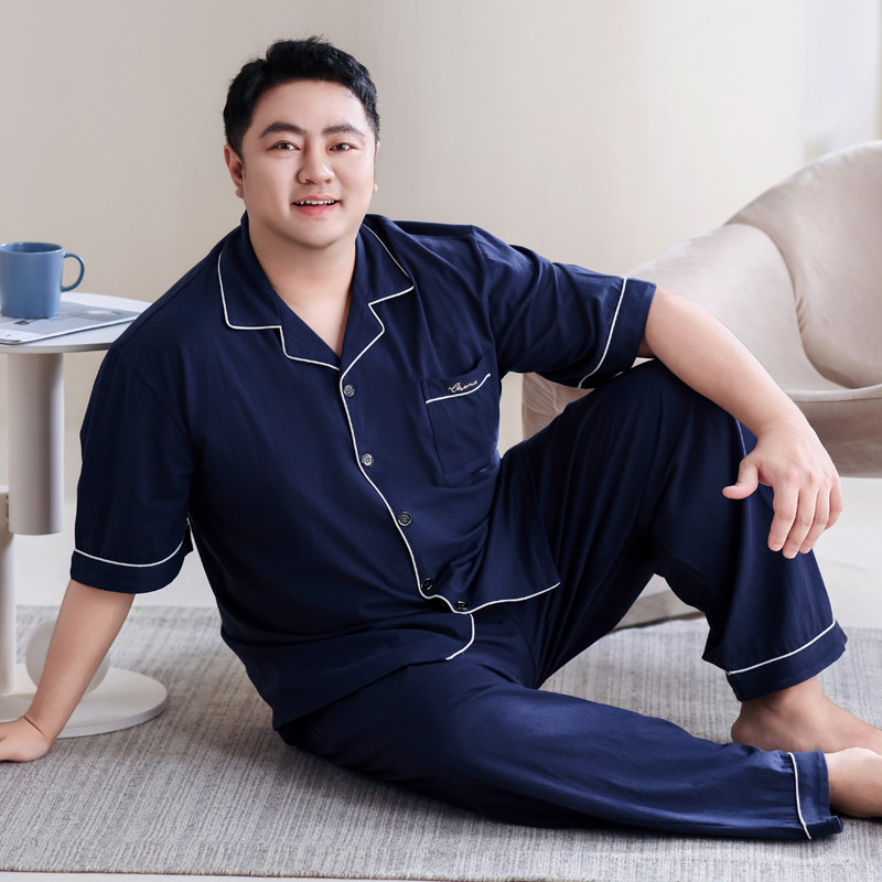 100纯棉睡衣男士夏季短袖长裤加肥加大码胖子全棉肥佬家居服套装