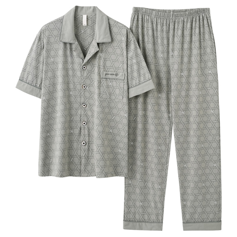 男士夏季100纯棉短袖长裤全棉男款夏款中老年爸爸大码家居服套装