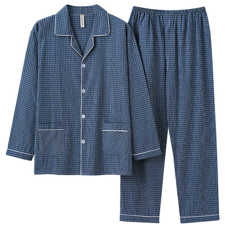小便口睡衣男春夏季100纯棉梭织棉布长袖宽松格子全棉家居服套装