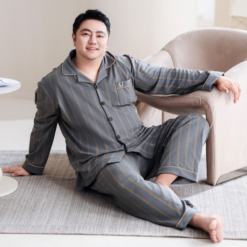 高档100纯棉宽松加肥加大码睡衣男春秋季全棉胖子中老年家居服7XL