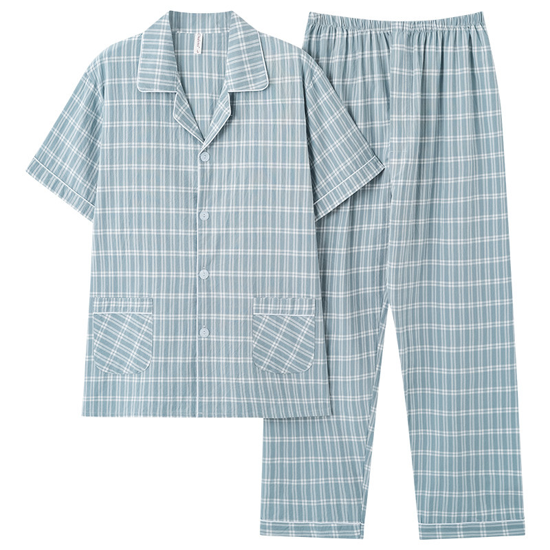 睡衣男薄款春夏梭织100纯棉布短袖长裤全棉家居服套装带小便口4XL