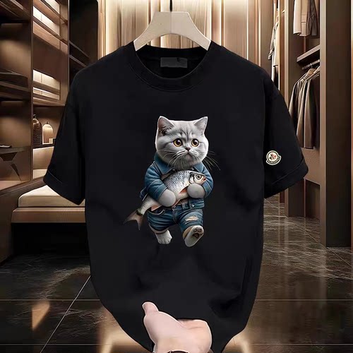 【官方直营】蒙口钢琴美式卡通风猫咪印花短袖T恤男宽松潮牌上衣