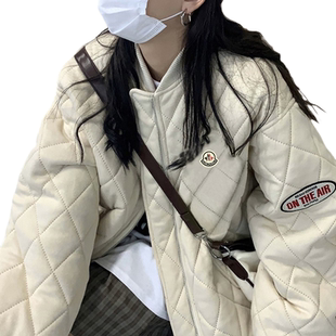 【官方直营】蒙口钢琴菱格纹棒球棉服女加厚宽松灰色通勤外套棉衣