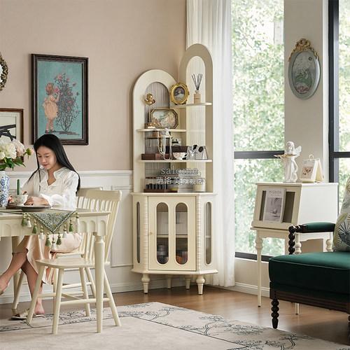 法式奶油白实木转角置物架墙角柜