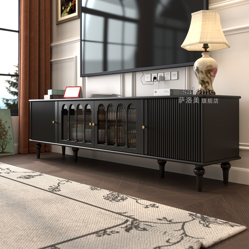 法式实木电视柜落地客厅美式2026新款中古电视机柜收纳储物柜一体