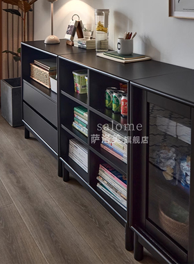 萨洛美式实木组合柜黑色模块化储物书柜书架置物柜收纳矮柜展示柜