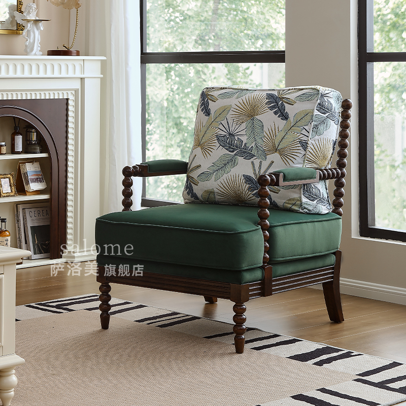 轻奢美式实木单人沙发椅复古布艺阳台休闲懒人躺椅客厅家用老虎椅