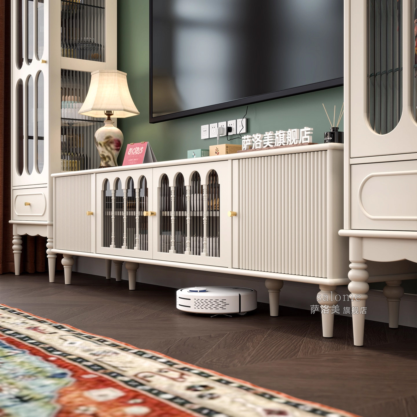 奶油风实木电视柜落地客厅美式2026新款法式奶油白收纳储物柜一体