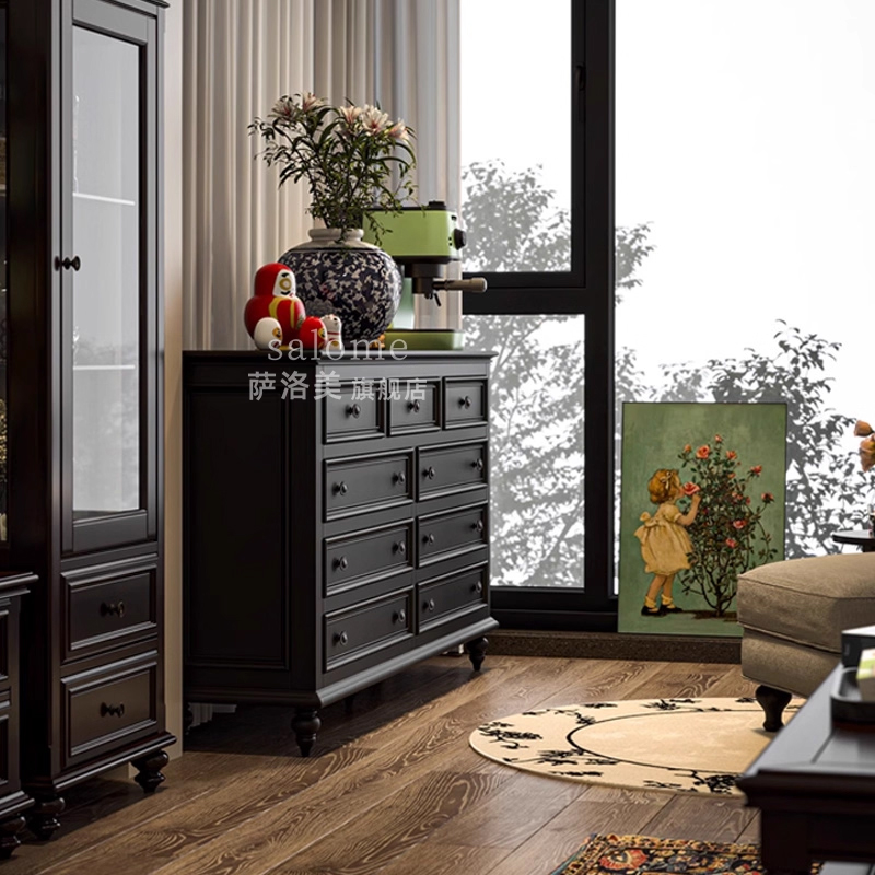 轻奢美式实木九斗柜法式黑色客厅靠墙储物柜复古卧室收纳抽屉柜子