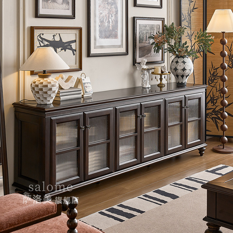 法式实木落地电视柜收纳储物柜一体中古风客厅家用美式轻奢高级感