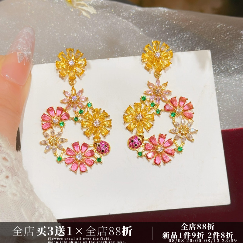 CIX缤纷花语/轻奢彩色花朵锆石耳钉蚊香盘耳夹无耳洞小众耳环耳饰