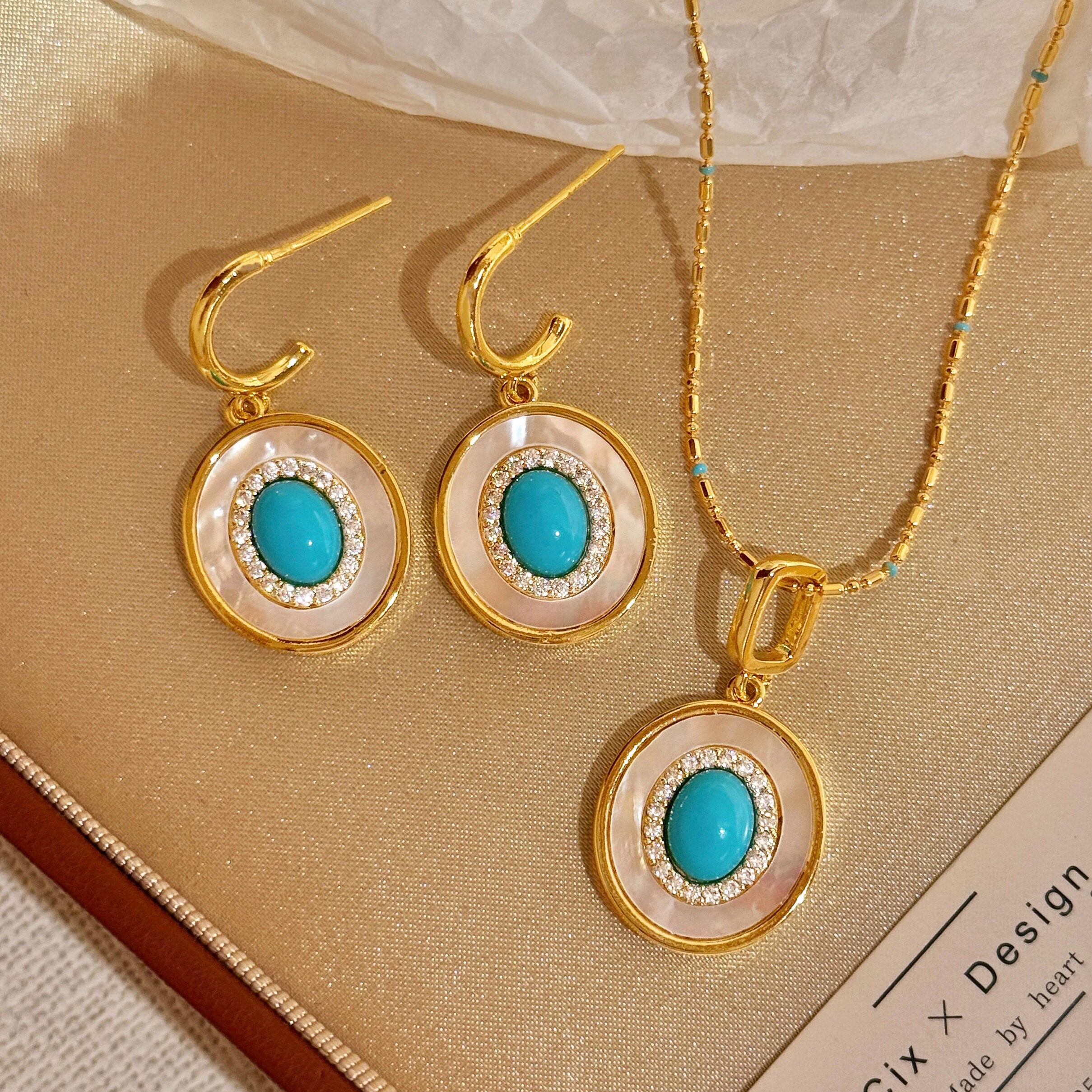 CIX蓝盈/绿松石贝母耳环项链套装项链女蚊香盘耳夹耳环气质毛衣链