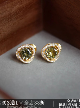 CIX绿/法式复古耳环绿色锆石耳饰蚊香盘耳夹无耳洞耳饰女耳钉纯银