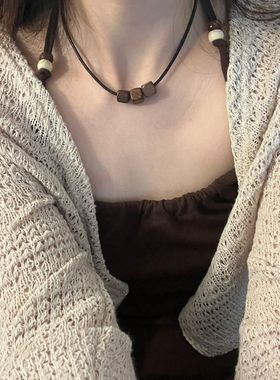 波西米亚复古风黑色编织绳木珠串珠项链女小众设计颈带choker项圈
