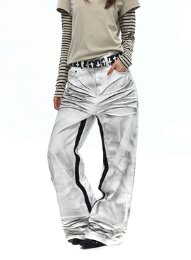 BTSG小众复古脏染做旧猫须白色微喇牛仔裤美式设计感拼接撞色裤子