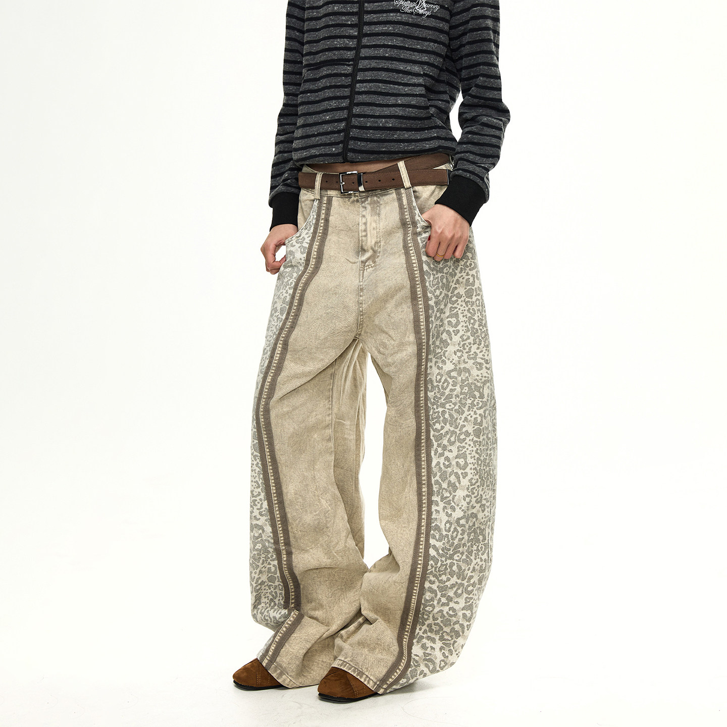 BTSG 复古水洗磨毛拼接条纹撞色豹纹牛仔裤sagging穿搭宽松阔腿裤,男装,休闲裤,淘宝优惠券,粉丝福利购,淘宝优惠卷