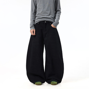 baggy街头痞帅宽松弯刀裤 BTSG美式 复古涂层微刷蜡猫须阔腿牛仔裤
