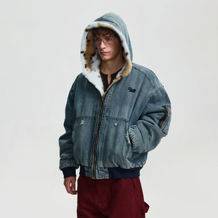 BTSG美式 街头加绒保暖棉服外套 复古水洗豹纹牛仔连帽座山雕男冬季