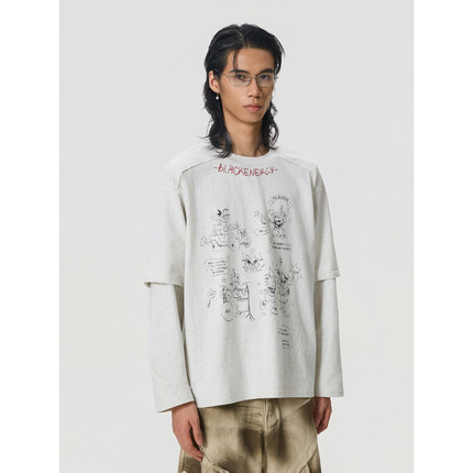 BTSG/全棉质感拼接假两件水洗印花长袖T恤美式街头设计感打底衫男