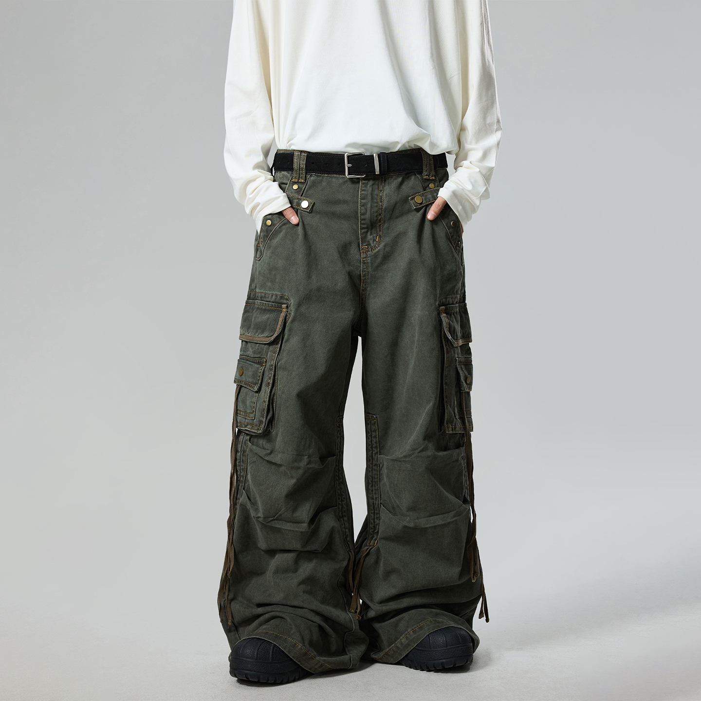 重磅水洗设计感多口袋朋克工装裤