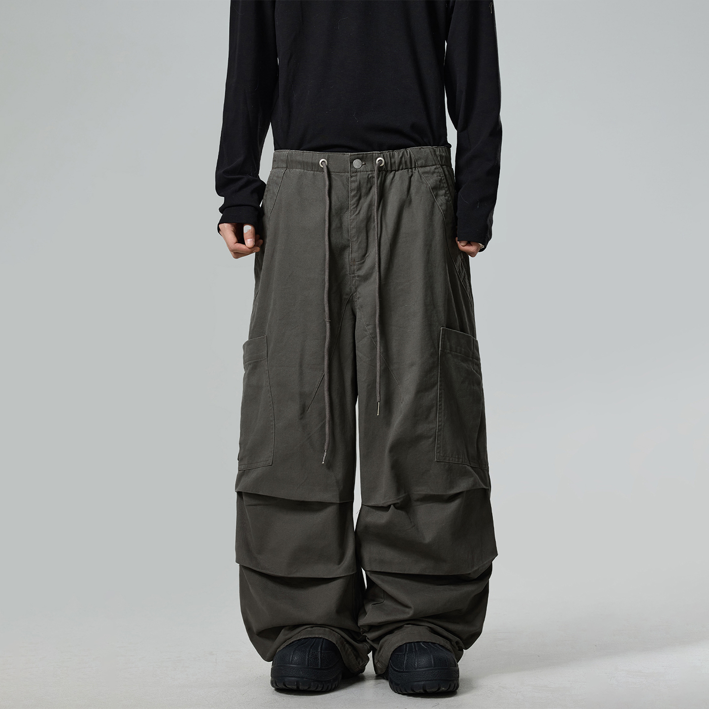 复古松紧腰抽绳褶皱美式工装裤