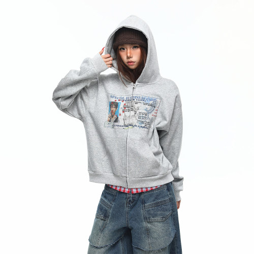 美式复古印花boxy正肩连帽卫衣