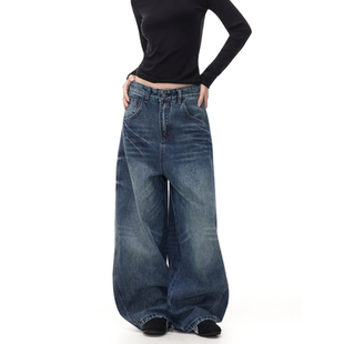 宽松微弯刀裤 BTSG复古水洗波纹毛须立体红线阔腿牛仔裤 Baggy美式