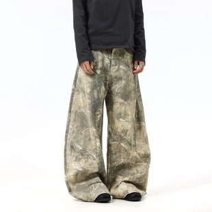 baggy街头宽松阔腿弯刀裤 裤 潮 vintage树枝迷彩粉色刺绣工装 BTSG