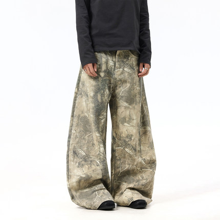 BTSG vintage树枝迷彩粉色刺绣工装裤baggy街头宽松阔腿弯刀裤潮