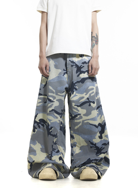 BTSG美式复古Cargo廓形雪地蓝迷彩工装裤街头宽松阔腿拖地休闲裤