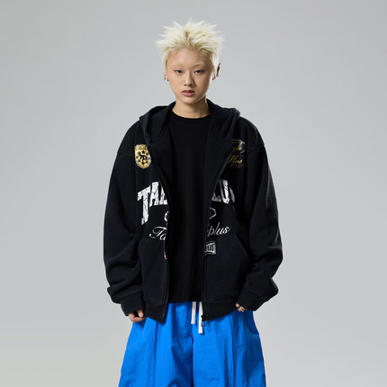 BTSG美式复古做旧徽章印花加绒连帽开衫卫衣baggy宽松帽衫外套男