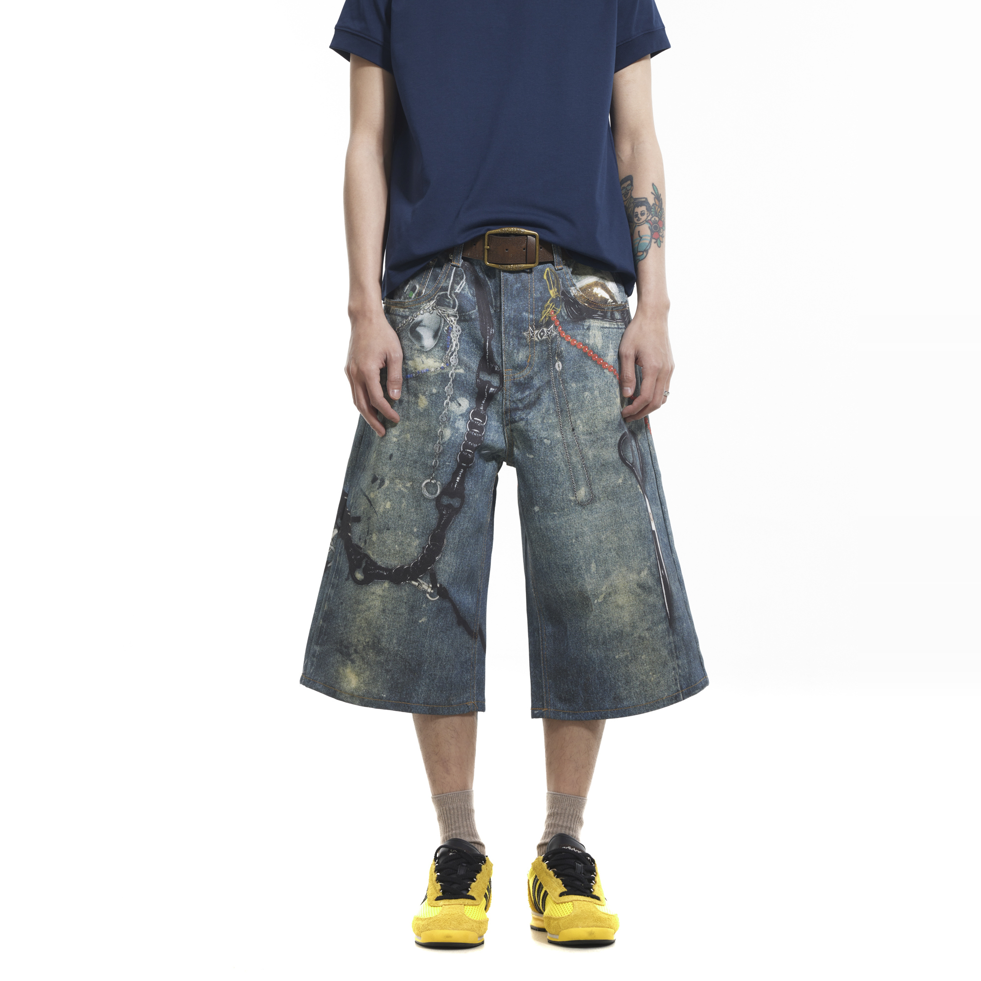 3D数码打印泼墨链条牛仔短裤